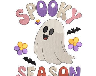 Spooky Season Ghost Embroidery Design, Bats and Flowers Machine Embroidery Digital File, Instant Download