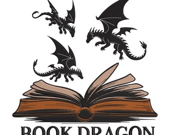 Book Dragon Embroidery Design, Fantasy Stitch Machine Embroidery Digital File, Instant Download