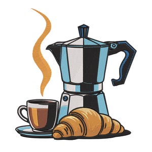 May include: An embroidered illustration of a coffee setup. A silver and blue stovetop espresso maker is next to a cup of coffee on a saucer, with a croissant. Orange steam rises from the cup, suggesting the coffee is hot.