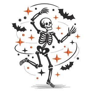 Può includere: Design a tema Halloween in nero e arancione con uno scheletro danzante, pipistrelli e stelle. Lo scheletro è nero con dettagli bianchi, circondato da stelle arancioni e pipistrelli neri su sfondo bianco. Un design divertente e spettrale.