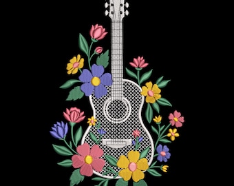 Floral Guitar Embroidery Design, Music Lover Acoustic Guitar Machine Embroidery File,  Instant Download