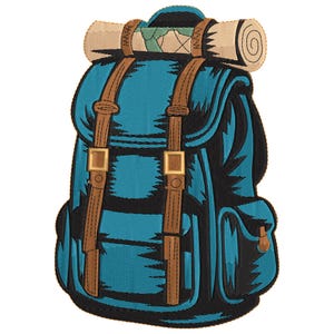 May include: A teal backpack with brown straps and buckles, and a rolled-up beige sleeping bag secured on top. The backpack has a black outline and a side pocket. A map is visible on the sleeping bag.