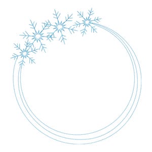 May include: A winter-themed design featuring a series of light blue snowflakes arranged along the top left of a circular frame. The frame consists of three concentric circles, all rendered in a delicate, dotted line style, set against a clean white background.