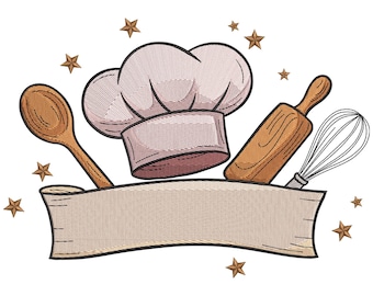 May include: An embroidered design featuring a chef's hat, wooden spoon, rolling pin, and whisk. A banner is below the cooking tools, with several brown star accents. The design is on a white background.