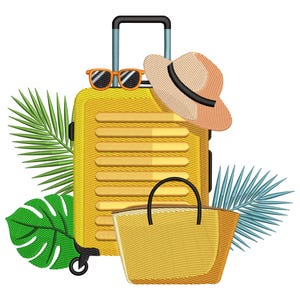 Op de afbeelding: Gele rolkoffer met zonnebril, strohoed en strandtas. De bagage is versierd met tropische bladeren, wat duidt op een vakantiethema. De zonnebril heeft oranje monturen.