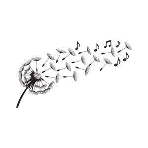 May include: Black and white illustration of a dandelion with seeds blowing away, transforming into musical notes. The image is set against a white background, creating a whimsical and artistic design.