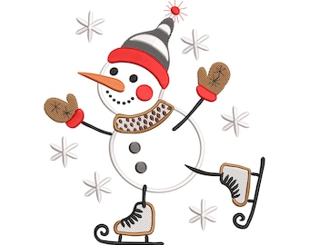 Diseño de bordado de muñeco de nieve patinando sobre hielo, archivo de bordado a máquina de copos de nieve navideños, descarga instantánea