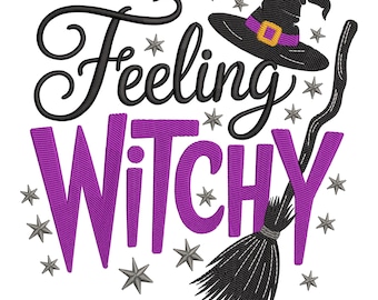 Feeling Witchy Halloween Embroidery Design, Hat and Broom Machine Embroidery Digital File, Instant Download