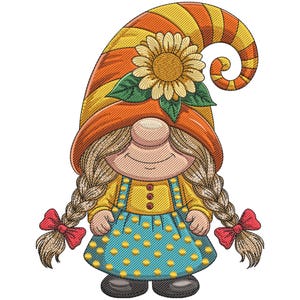 May include: A whimsical embroidered gnome with a large, orange and yellow striped hat adorned with a sunflower. The gnome wears a yellow shirt, a blue polka-dot dress, and has long braided hair tied with red bows. The gnome has a smiling face.
