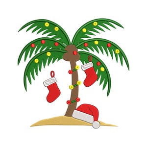 May include: An embroidered design of a palm tree decorated for Christmas. The tree has green fronds adorned with red and yellow ornaments. Two red stockings hang from the fronds, and a Santa hat rests on the sand below.
