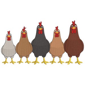 May include: An embroidered design featuring five stylized chickens in a row. The chickens vary in color, including white, brown, and black, with red combs and yellow feet. The design is likely for a craft project or textile application.