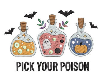Pick Your Poison Embroidery Design: Spooky Bottles with Ghost, Pumpkin & Eyeballs Machine Embroidery File
