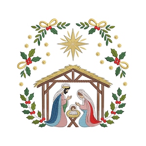 Nativity Scene Christmas Embroidery Design, Holy Family Manger Embroidery Pattern File, Instant Download