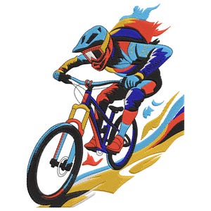 May include: An embroidered illustration of a mountain biker in action. The biker is wearing a blue helmet and protective gear, riding a blue and yellow mountain bike. The design features vibrant colours and dynamic lines, suggesting speed and movement.