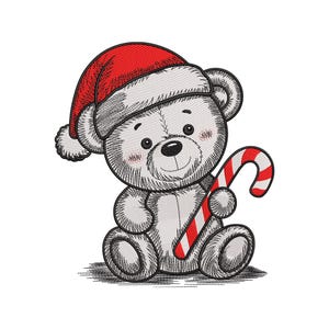 May include: A cute, embroidered teddy bear wearing a red Santa hat and holding a red and white striped candy cane. The bear is sitting down with a smiling expression, perfect for Christmas decorations.