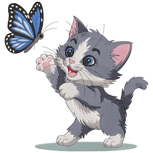 May include: A cartoon illustration of a gray and white kitten reaching for a blue butterfly. The kitten has blue eyes, pink ears, and a pink paw. The butterfly has blue wings with black and white details.