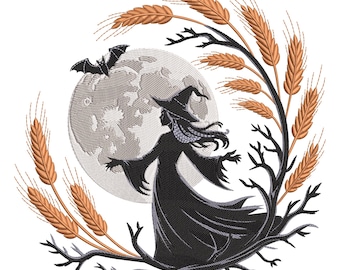 Magiczna czarownica z księżycowym haftem, cyfrowy plik do haftu maszynowego z okazji Halloween, natychmiastowe pobranie