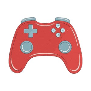May include: A red video game controller embroidery design featuring light blue accents on the directional pad, action buttons, and analogue sticks. The controller has a stitched texture throughout with white highlights along the edges.