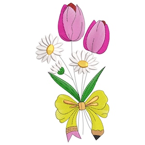 Tulip and Daisy Bouquet Embroidery Design, Tulip Bouquet Embroidery Digital File, Spring Machine Embroidery Design, Instant Download