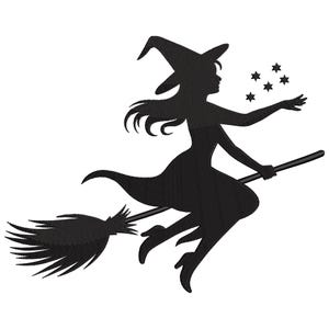 May include: Black silhouette of a witch flying on a broomstick, wearing a pointed hat and dress. The witch is reaching out towards a group of stars. Halloween-themed design.