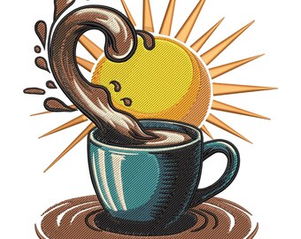 Broderidesign för soluppgångskaffe, broderifil för morgonkopp med soluppgång, maskinbroderifil för kaffe med hjärta, kaffeälskare