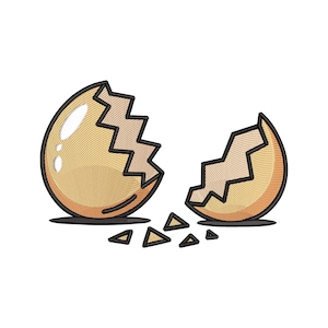 May include: A cartoon-style illustration of a cracked eggshell. The eggshell is light yellow with a darker yellow interior and outlined in black. Several small triangular pieces of the shell are scattered below.