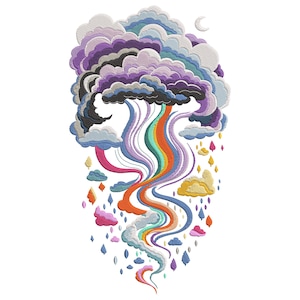 May include: An embroidered design featuring a whimsical cloud formation with a rainbow cascading downwards. The clouds are in shades of purple, blue, and gray, with a crescent moon in the upper right. Colorful raindrops and smaller clouds complete the design.