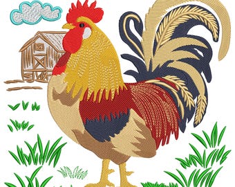 モダンな雄鶏の刺繍デザイン、芸術的な羽根模様の鶏のミシン用ファイル