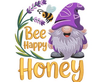 Bee Happy Honey Gnome Embroidery Design, Cute Bee Machine Embroidery File, Instant Download
