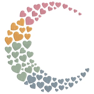 May include: A crescent shape composed of embroidered hearts in various colors, including pink, orange, green, and blue. The hearts are arranged in a curved pattern against a white background, creating a decorative design.