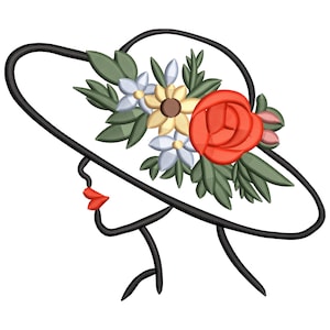 May include: A black line drawing of a woman's profile wearing a wide-brimmed hat. The hat is decorated with a cluster of flowers in shades of red, yellow, blue, and green. The woman's lips are red.