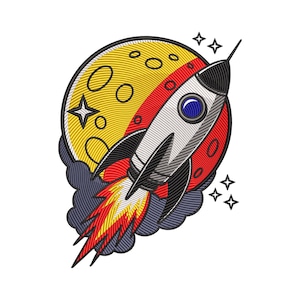 May include: Embroidered patch featuring a cartoon rocket ship blasting off. The rocket is white, red, and black, with a blue porthole. A yellow moon with craters and stars is in the background, with a dark blue cloud and flames.