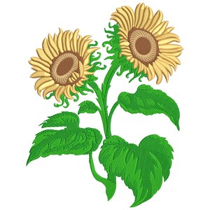 May include: Embroidered design of two sunflowers with yellow petals and brown centers. The sunflowers are attached to a green stem with green leaves. The design is on a white background.