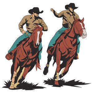 May include: An embroidered design featuring two cowboys riding horses. The cowboys wear black hats, tan shirts, and turquoise chaps. The horses are brown with white markings. The design is set against a white background.