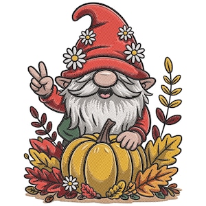 May include: A whimsical illustration of a garden gnome with a red hat adorned with white daisies, giving a peace sign. The gnome is surrounded by autumn leaves and a yellow pumpkin, creating a fall harvest theme.