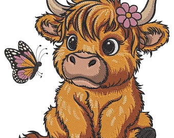 May include: An embroidered image of a Highland cow calf with a pink flower in its hair, sitting and looking to the right. A butterfly with orange, pink, and black wings is flying near the calf's face. The calf has brown fur and large, dark eyes.