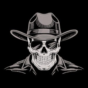May include: A detailed monochrome illustration of a skull wearing a fedora hat and sunglasses. The skull is also wearing a jacket. The image is set against a solid black background.