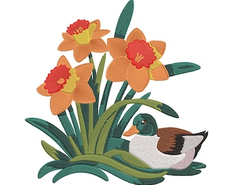 Daffodil and Mallard Duck Embroidery Design, Spring Flower Machine Embroidery File, Instant Download