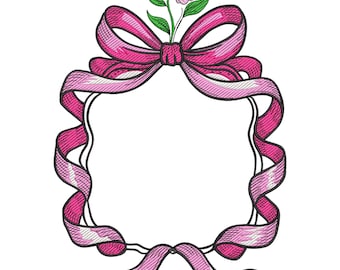 Floral Ribbon Frame Embroidery Design, Ribbon Crest Frame Embroidery File, Bow Wreath Crest Frame Embroidery File, Machine Embroidery Design