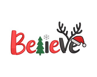 Believe Christmas Word Art Embroidery Design, Lettering Holiday Script Machine Embroidery File, Instant Download