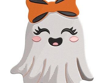 Smiling Ghost Embroidery Design, Halloween Bow Machine Embroidery Digital Mini Large File, Instant Download