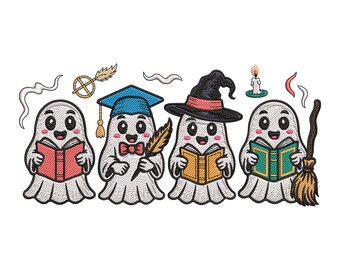 Diseño de bordado de fantasmas leyendo, archivo digital de bordado a máquina de libros de Halloween, descarga instantánea
