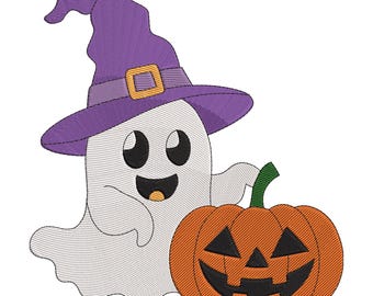 Ghost Pumpkin Embroidery Design: Halloween Witch Hat Machine Embroidery (Digital File)