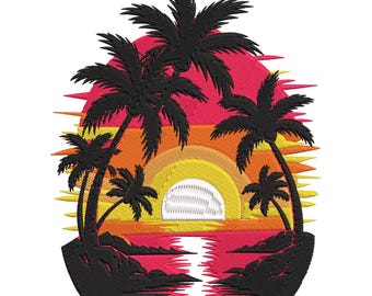 Tropical Sunset Embroidery Design: Palm Tree Beach Machine Embroidery File, DST and Multiple Formats
