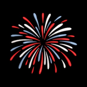 Puede incluir: Ilustración colorida de una explosión de fuegos artificiales sobre un fondo negro. Los fuegos artificiales presentan rayas rojas, blancas y azul claro que irradian desde un punto central, creando un diseño dinámico y festivo.