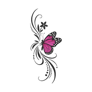 May include: A vibrant pink butterfly with black and white detailing, set against a black floral design. The butterfly is the focal point, with intricate wing patterns. The design is on a white background.