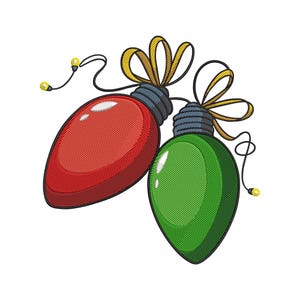 May include: A red and green Christmas light bulb design. The bulbs have a textured appearance and are connected by black wires with small yellow lights. The bulbs are decorated with yellow bows.