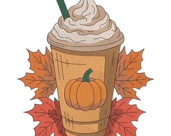 Pumpkin Spice Latte-borduurontwerp: herfstseizoen herfstbladeren, koffiekopje machineborduurbestand