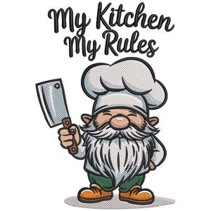 Könnte beinhalten: Ein Cartoon-Kochgnom mit weißem Bart, Kochmütze und grüner Hose, der ein Hackmesser hält. Der Text "My Kitchen My Rules" steht über dem Gnom.