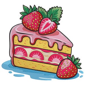 Puede incluir: Una porción de pastel de fresa con glaseado rosa y tres fresas. El pastel tiene una base de bizcocho amarillo con relleno de fresa. Las fresas son rojas con semillas amarillas y hojas verdes. El pastel está sobre una superficie azul.